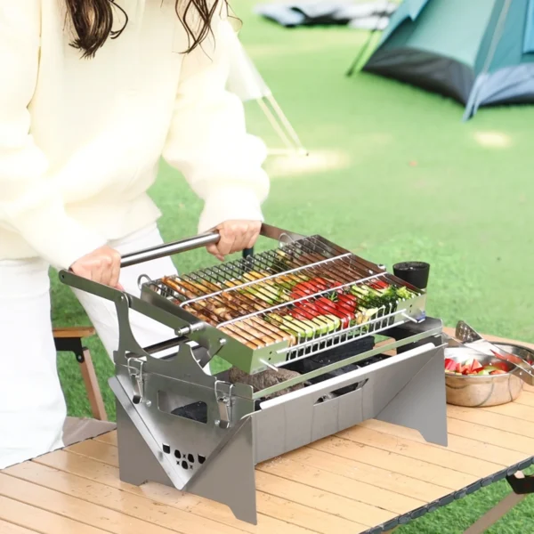 GrillTour 360° Pivot™ — Barbecue à charbon rotatif inox, pliable & nomade