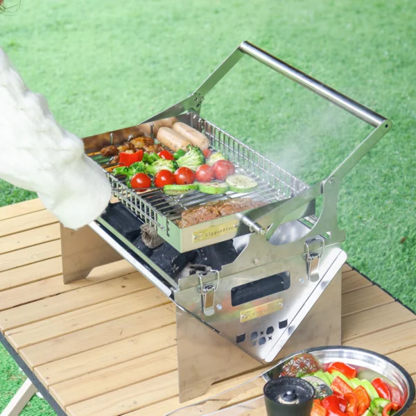 GrillTour 360° Pivot™ — Barbecue à charbon rotatif inox, pliable & nomade